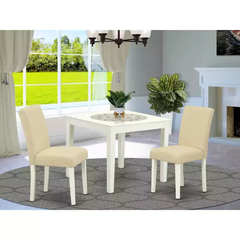 Vierkante keukentafelset met stoelen - eettafel van 36 inch en 2 Parson-stoelen - linnenwitte poten, lichtbeige stof