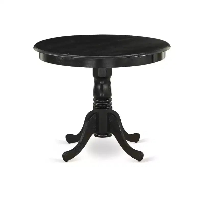 HomeStock - Set da pranzo rotondo da 5 pezzi con piano in legno massello con finitura nera spazzolata e 4 sedie Parsons