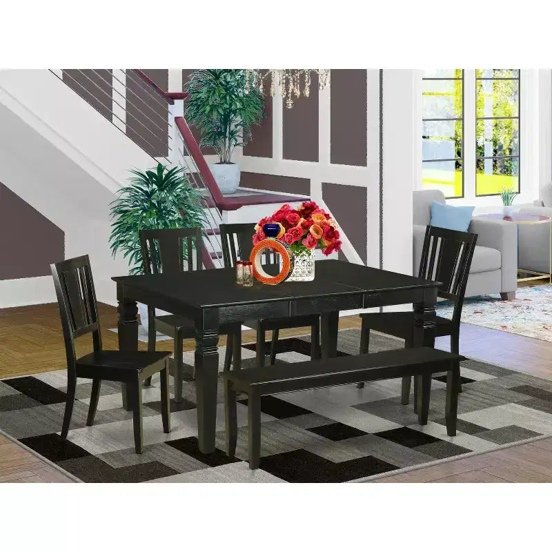 HomeStock 6-teiliges rechteckiges Esszimmertisch-Set mit Massivholzplatte in schwarzer Ausführung, 1 Bank und 4 Stühlen