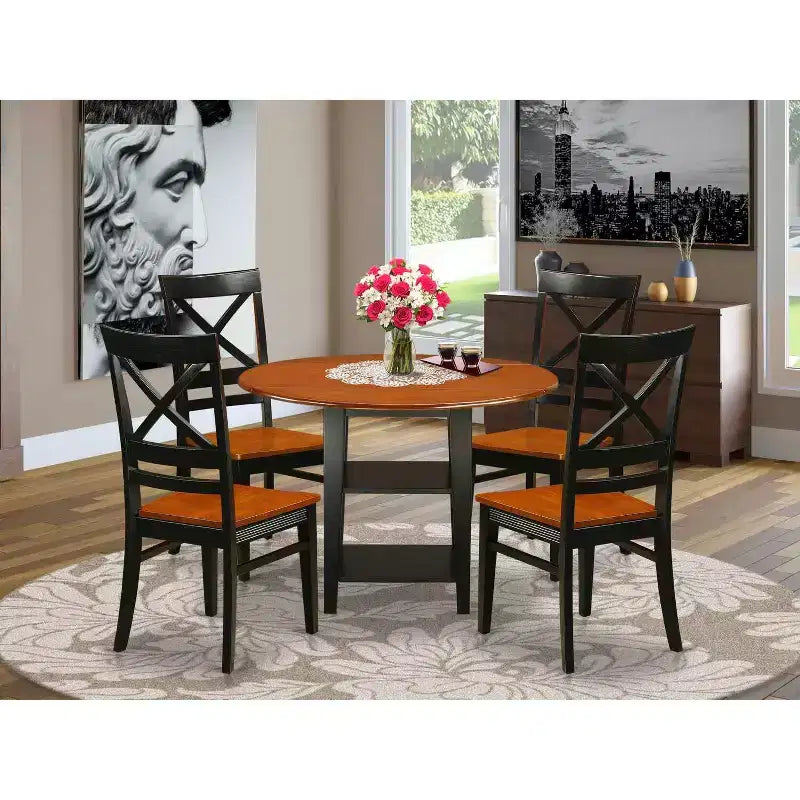 5 Piece Dinette Set - Round Table & 4 Chairs - Rustic Black Cherry Finish - Kitchen Dining Room Set
