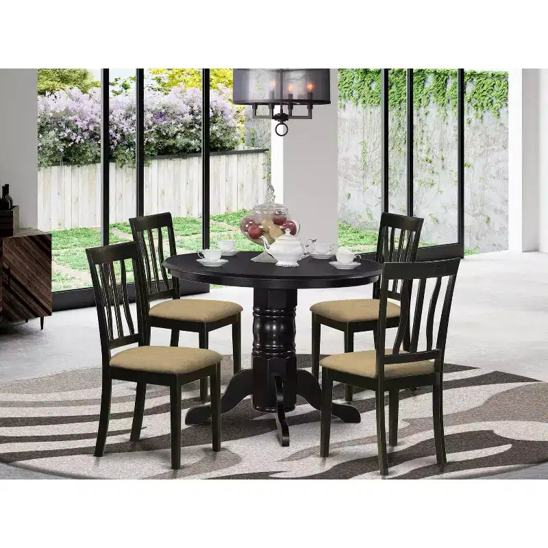 Set da pranzo da cucina da 5 pezzi, tavolo e sedie - tavolo rotondo con piedistallo e sedute imbottite in lino