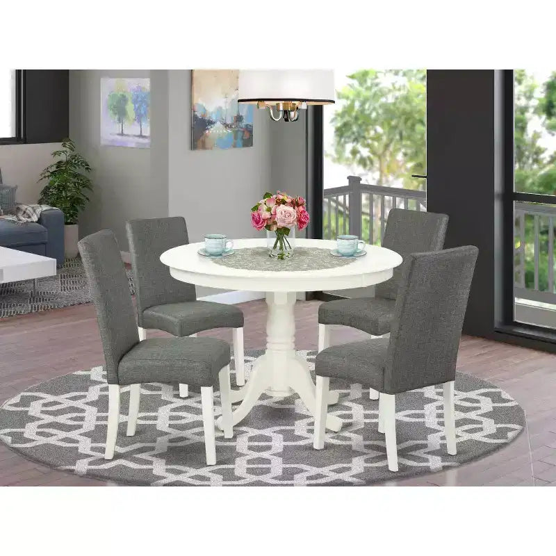 Runde Essgruppe 5-teilig - 42-Zoll-Tisch & 4 Stühle - elegantes City-Design - Beine in Leinenweiß - grauer Stoff