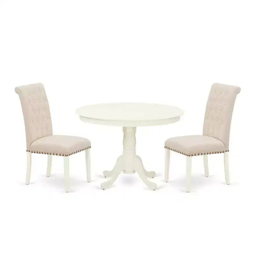 3Pc Dinette Set - Kitchen Table & 2 Parson Chairs - Linen White & Beige