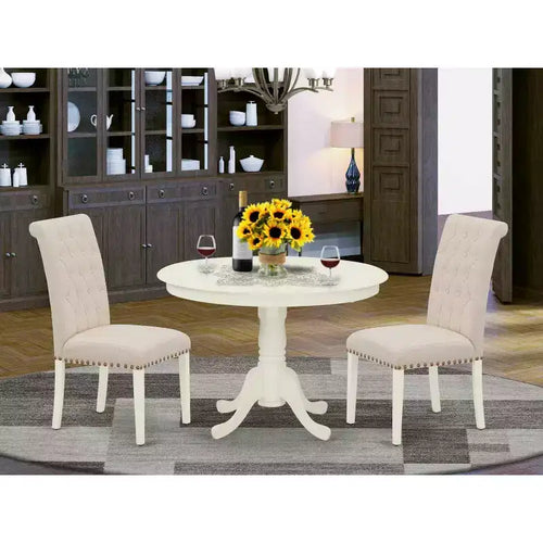 3Pc Dinette Set - Kitchen Table & 2 Parson Chairs - Linen White & Beige
