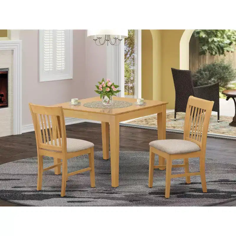 Quadratisches Esszimmer-Set - 36-Zoll-Küchentisch mit 2 Leinenstühlen - Eichenoptik
