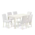 HomeStock 7-Piece Rectangle Linen White Finish Solid Wood Top Dining Table with 6 Parson-Chairs