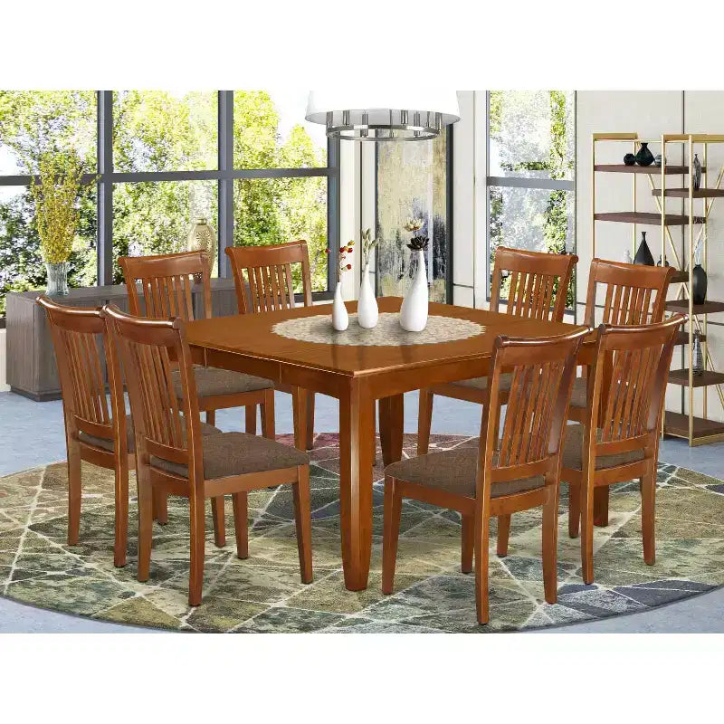 Dining Room Set 9 Piece Table with 8 Chairs - Linen Upholstered, Saddle Brown, 54x54 Inch