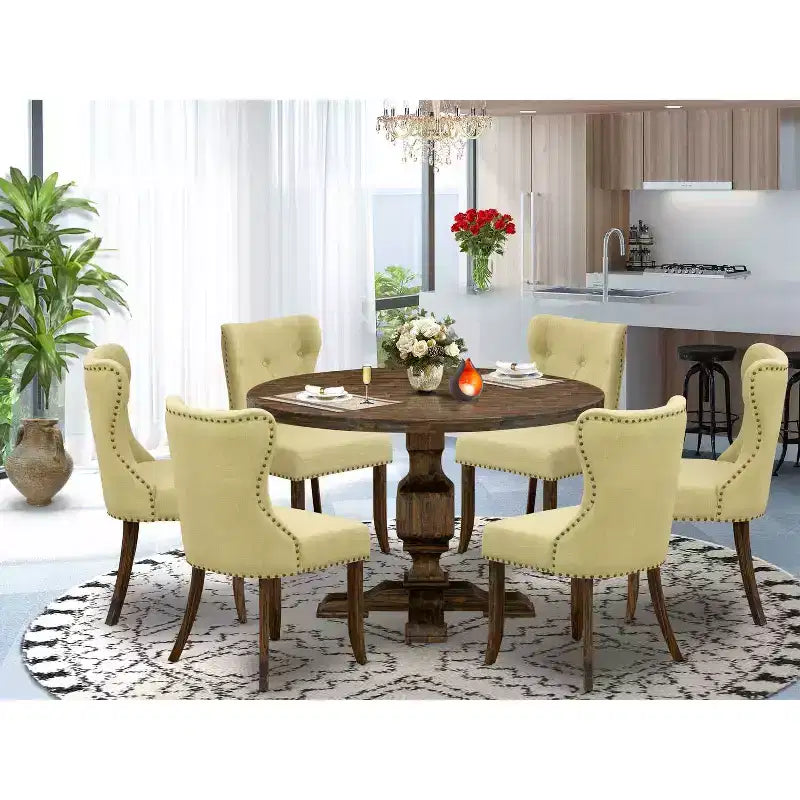 Tavolo da pranzo HomeStock a 7 pezzi con piano in legno massello e finitura Jacobean anticata, con 6 sedie Parson