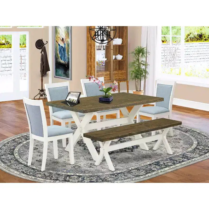 HomeStock 6-teiliges rechteckiges Esszimmer-Set mit drahtgebürstetem Leinenweiß-Finish, Tischplatte aus Massivholz, 1 Bank und 4 Stühlen