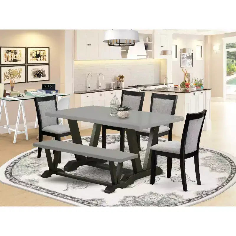 HomeStock - Tavolo da pranzo rettangolare da 6 pezzi con piano in legno massello e finitura rovere naturale, con 1 panca e 4 sedie imbottite