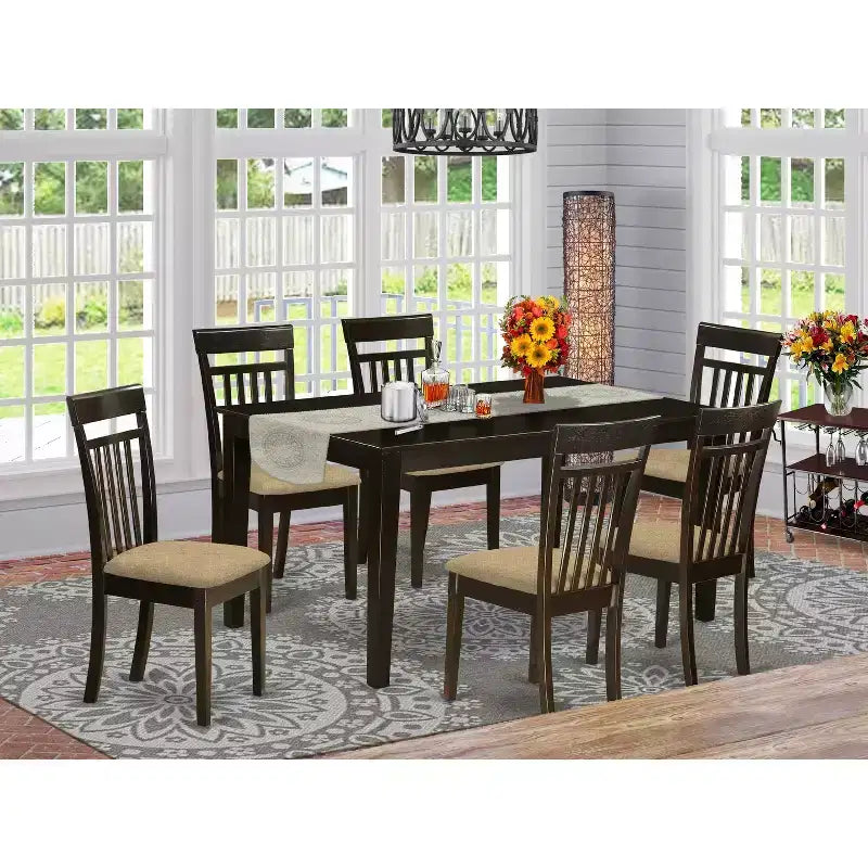 HomeStock 7-Piece Rectangle Cappuccino Finish Solid Wood Top Dining Table with 6 Chairs