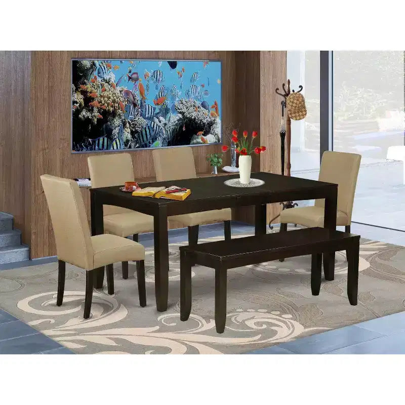 Set da pranzo contemporaneo da 6 pezzi - tavolo da 48/60, 4 sedie Parsons e panca - tessuto effetto lino, finitura cappuccino
