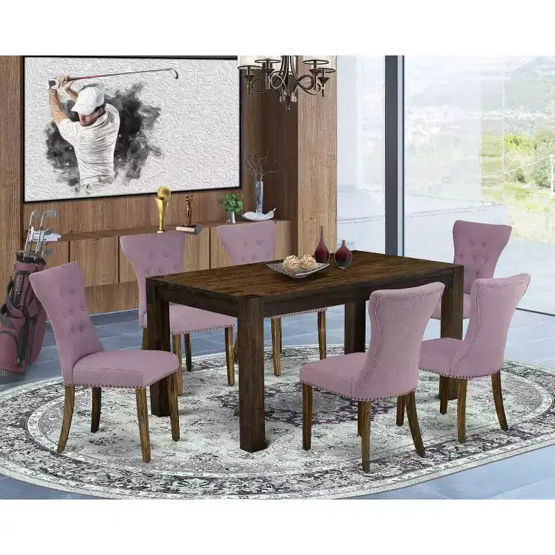 HomeStock Set da pranzo rettangolare da 7 pezzi, finitura Jacobean anticata, piano in legno massello, con 6 sedie Parson