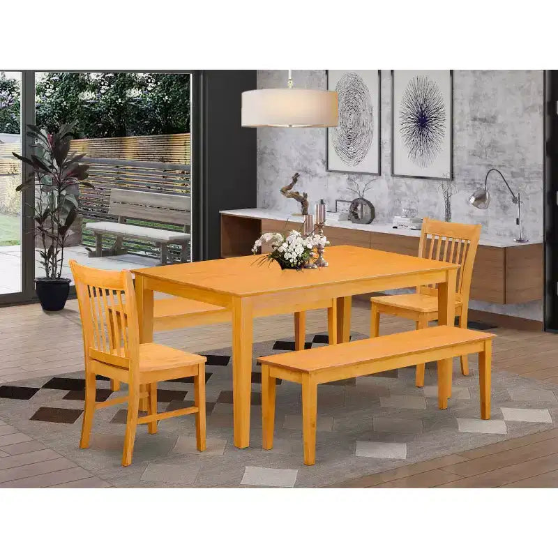 HomeStock 5-teiliges Esszimmertisch-Set mit rechteckiger Tischplatte aus Massivholz in Natur-Eichen-Finish, 2 Bänken und 2 Stühlen