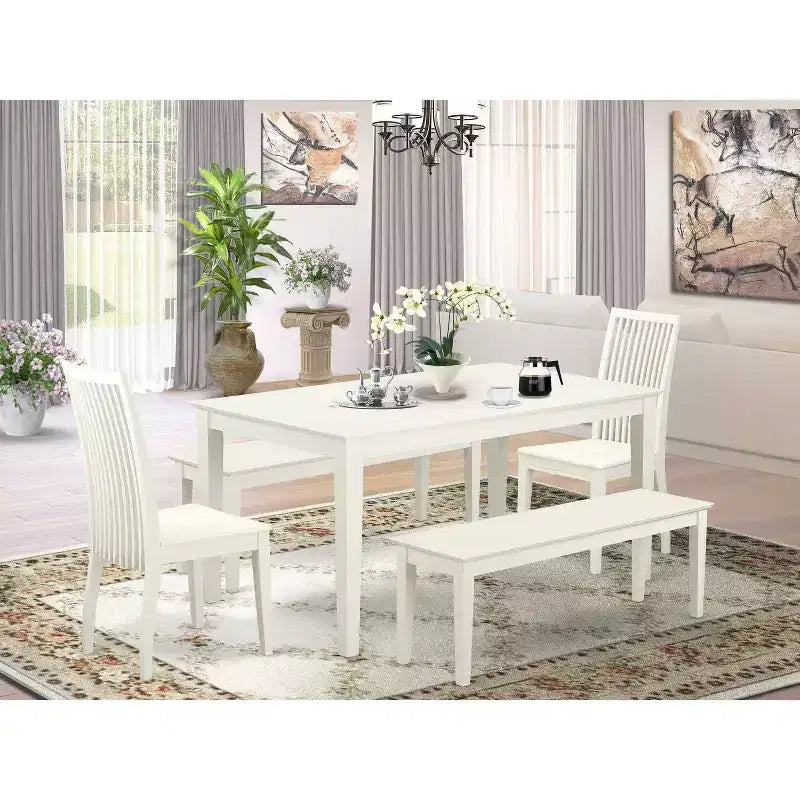 HomeStock set da pranzo da 5 pezzi rettangolare con finitura bianco lino, piano in legno massello, 2 panche e 2 sedie