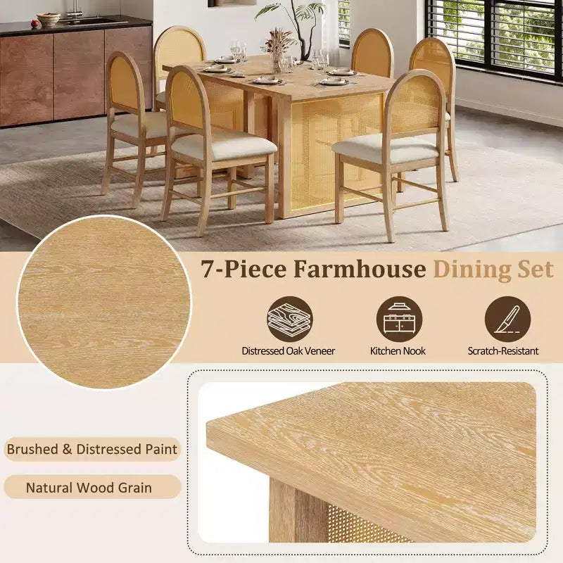 7-teiliges Esszimmertischset für 6 Personen, rechteckiger Esstisch 59.8 mit gepolsterten Stühlen, Rattan-Frühstückstisch für Küche und Esszimmer