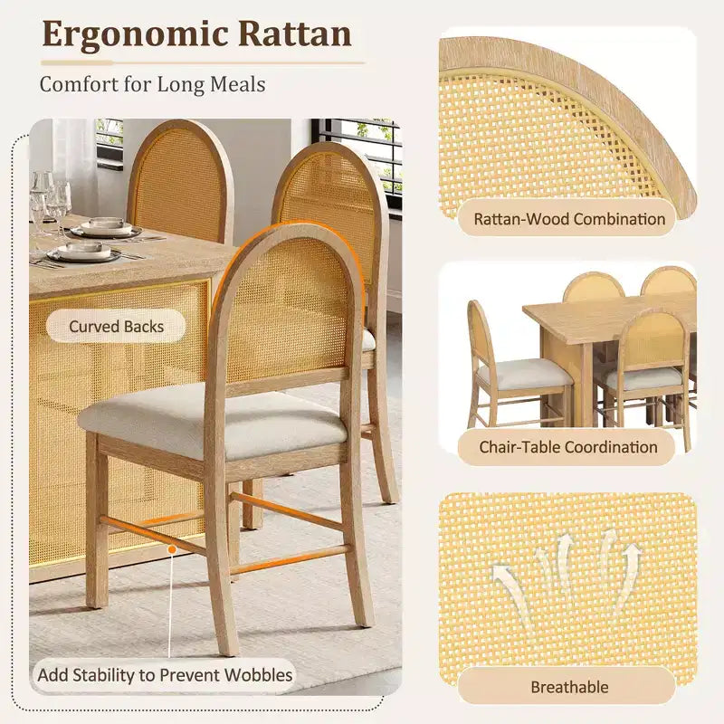 7-teiliges Esszimmertischset für 6 Personen, rechteckiger Esstisch 59.8 mit gepolsterten Stühlen, Rattan-Frühstückstisch für Küche und Esszimmer