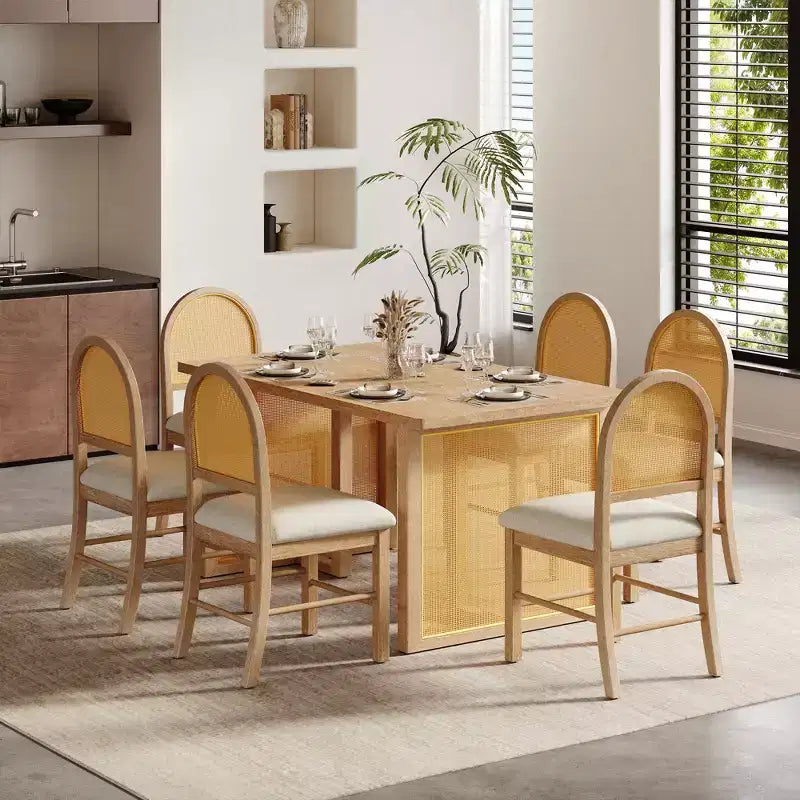 7-teiliges Esszimmertischset für 6 Personen, rechteckiger Esstisch 59.8 mit gepolsterten Stühlen, Rattan-Frühstückstisch für Küche und Esszimmer