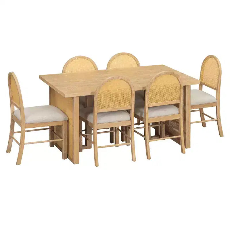 7-teiliges Esszimmertischset für 6 Personen, rechteckiger Esstisch 59.8 mit gepolsterten Stühlen, Rattan-Frühstückstisch für Küche und Esszimmer