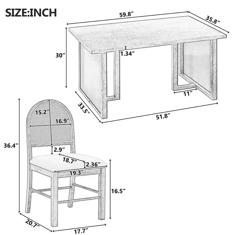 7-teiliges Esszimmertischset für 6 Personen, rechteckiger Esstisch 59.8 mit gepolsterten Stühlen, Rattan-Frühstückstisch für Küche und Esszimmer