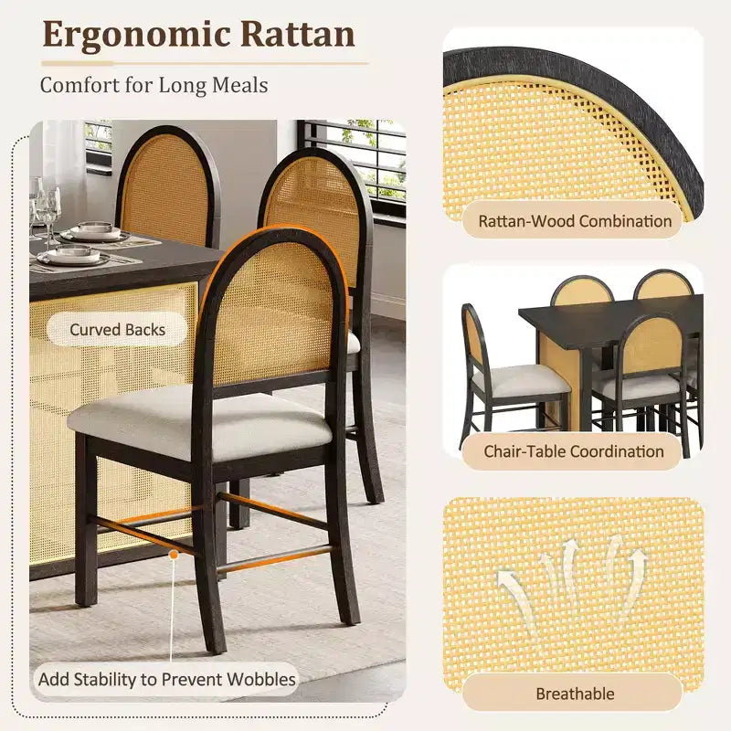 7-teiliges Esszimmertischset für 6 Personen, rechteckiger Esstisch 59.8 mit gepolsterten Stühlen, Rattan-Frühstückstisch für Küche und Esszimmer