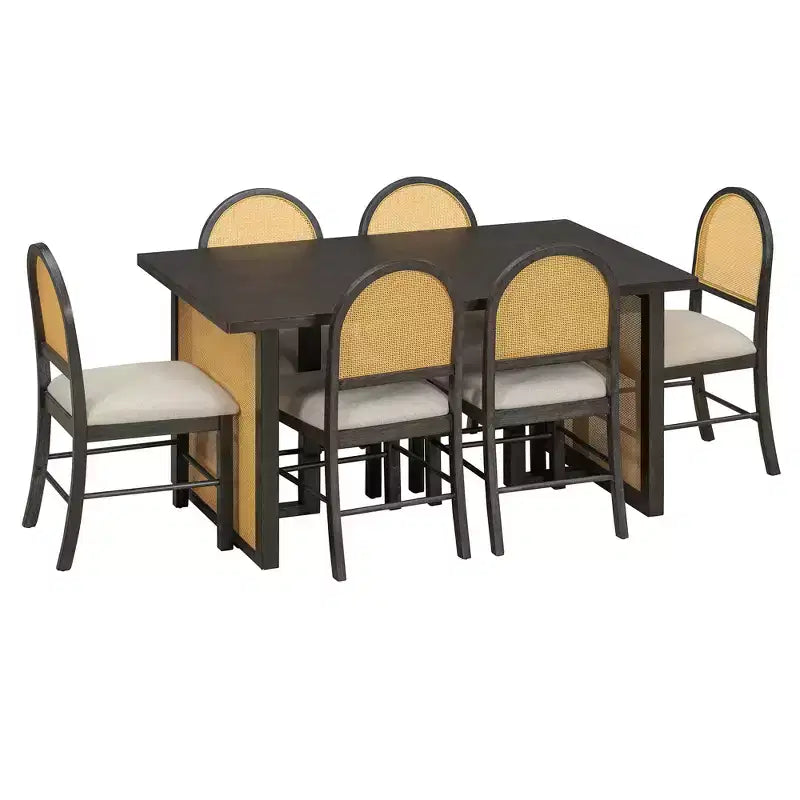 7-teiliges Esszimmertischset für 6 Personen, rechteckiger Esstisch 59.8 mit gepolsterten Stühlen, Rattan-Frühstückstisch für Küche und Esszimmer
