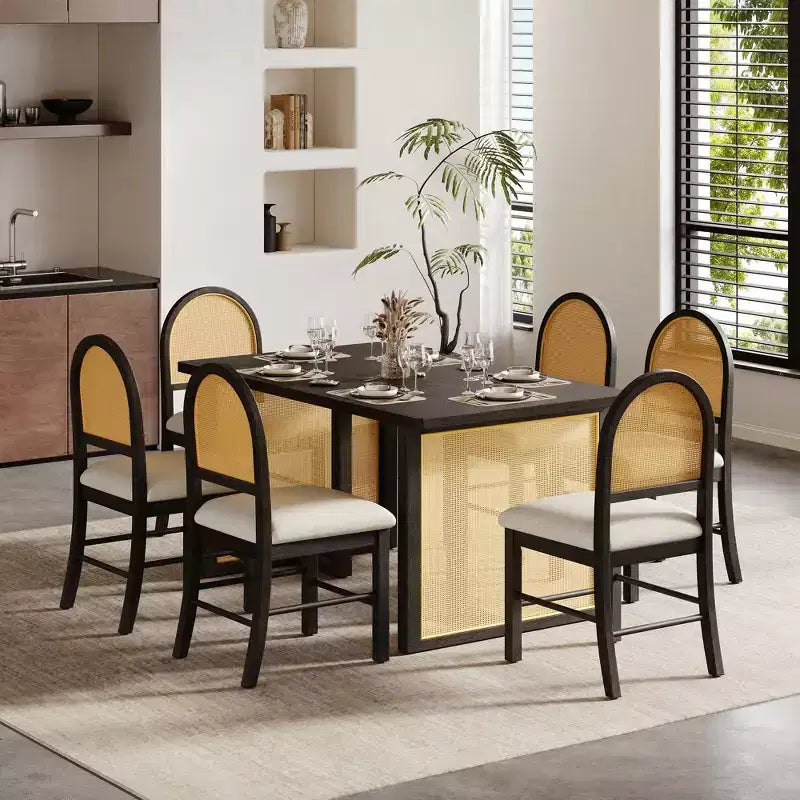 7-teiliges Esszimmertischset für 6 Personen, rechteckiger Esstisch 59.8 mit gepolsterten Stühlen, Rattan-Frühstückstisch für Küche und Esszimmer
