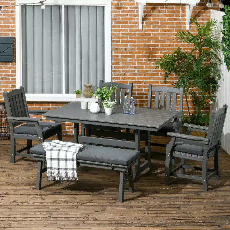6-delige terras-eetset, buitentafel en stoelen voor 6 personen, loungeset, armleuningen, tweezitsbank, eettafel met parasolgat