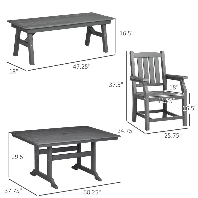 6-delige terras-eetset, buitentafel en stoelen voor 6 personen, loungeset, armleuningen, tweezitsbank, eettafel met parasolgat