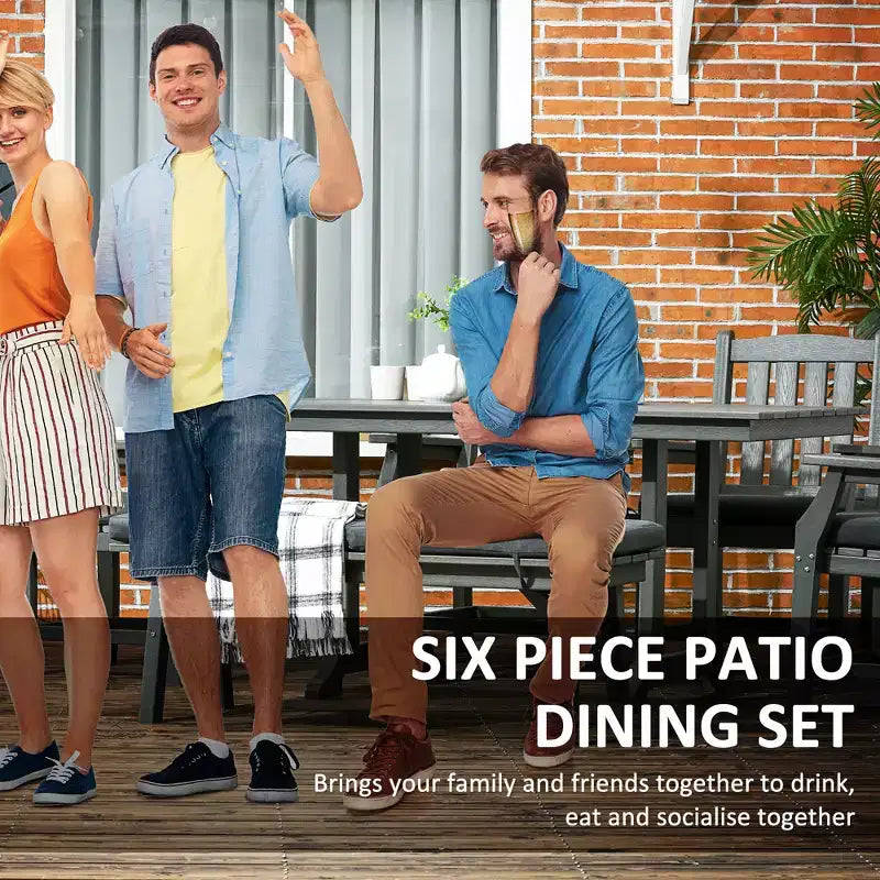 6-delige terras-eetset, buitentafel en stoelen voor 6 personen, loungeset, armleuningen, tweezitsbank, eettafel met parasolgat