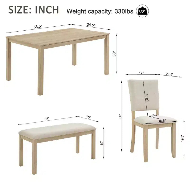 Set da pranzo moderno GDFStudio Fen da 6 pezzi con tavolo rettangolare in legno, 1 panca e 4 sedie imbottite in lino