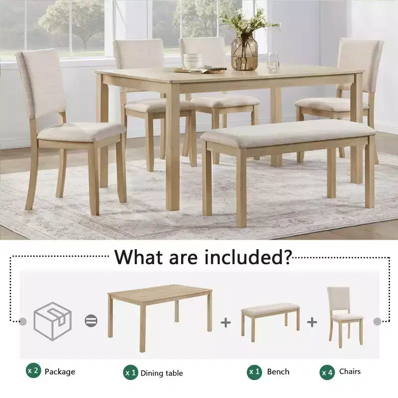 Set da pranzo moderno GDFStudio Fen da 6 pezzi con tavolo rettangolare in legno, 1 panca e 4 sedie imbottite in lino