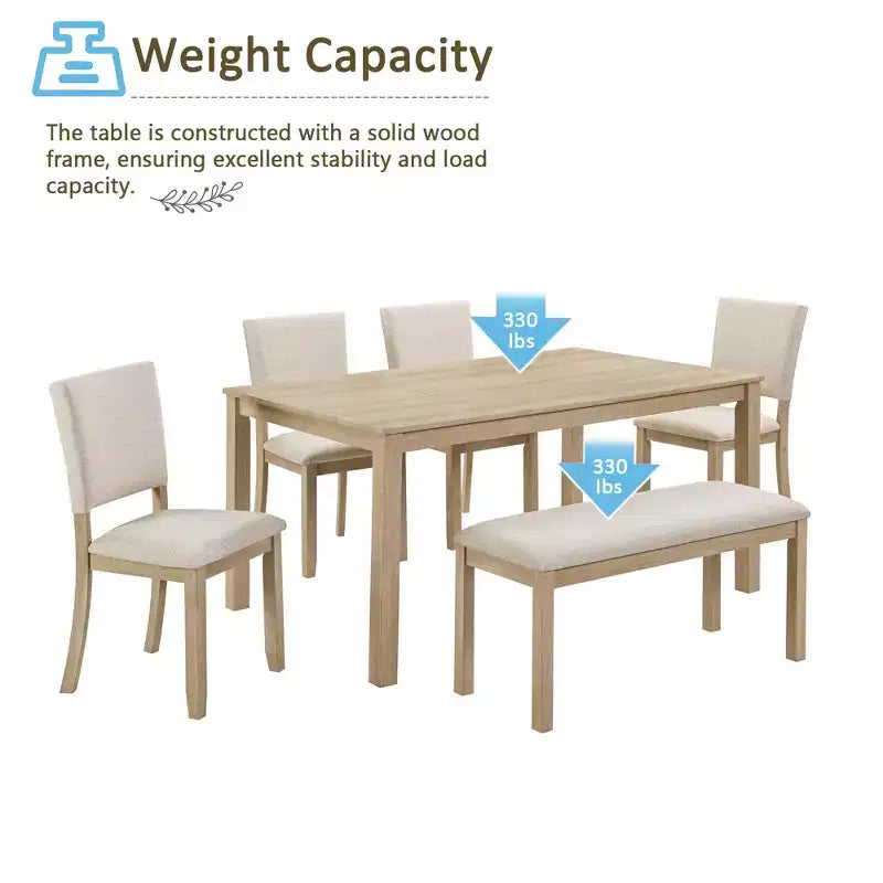 Set da pranzo moderno GDFStudio Fen da 6 pezzi con tavolo rettangolare in legno, 1 panca e 4 sedie imbottite in lino