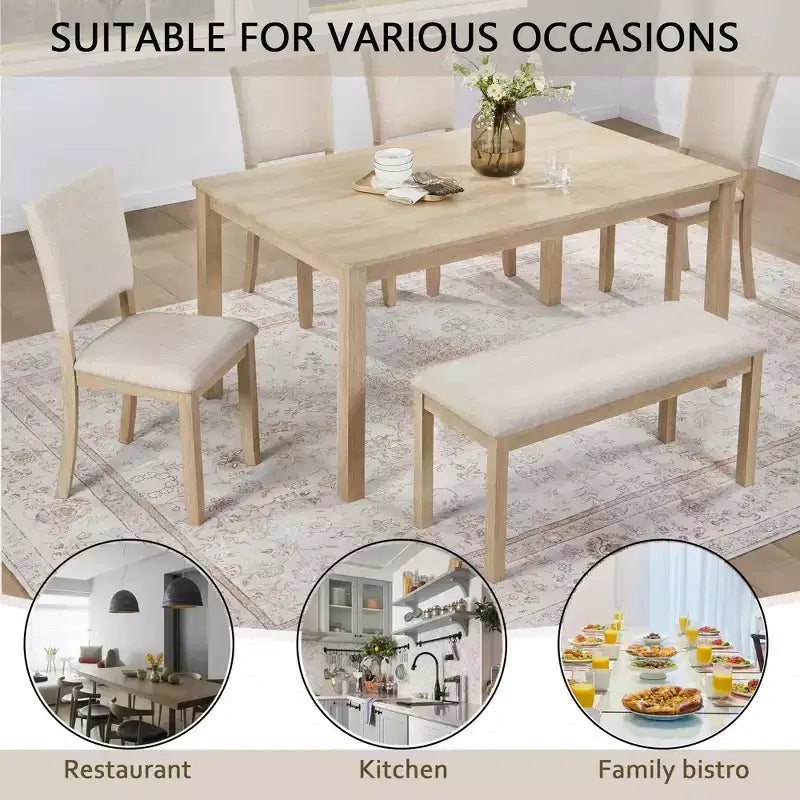 Set da pranzo moderno GDFStudio Fen da 6 pezzi con tavolo rettangolare in legno, 1 panca e 4 sedie imbottite in lino