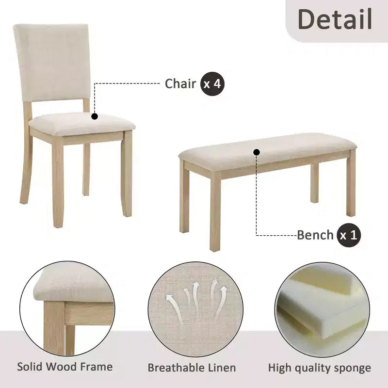 Set da pranzo moderno GDFStudio Fen da 6 pezzi con tavolo rettangolare in legno, 1 panca e 4 sedie imbottite in lino