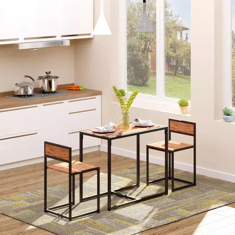 3-Piece Wooden Square Dining Table Set with 1 Table and 2 Chairs and Sturdy Metal Frame for Small Space
