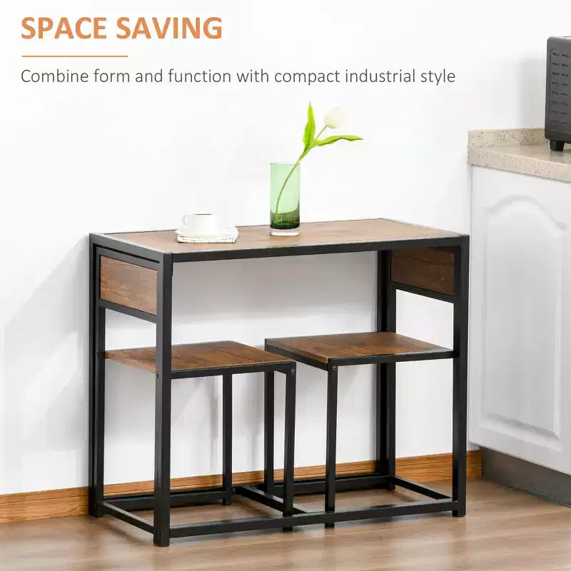 3-Piece Wooden Square Dining Table Set with 1 Table and 2 Chairs and Sturdy Metal Frame for Small Space