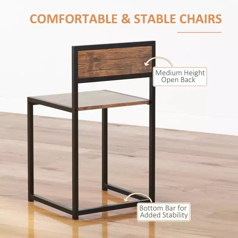 3-Piece Wooden Square Dining Table Set with 1 Table and 2 Chairs and Sturdy Metal Frame for Small Space