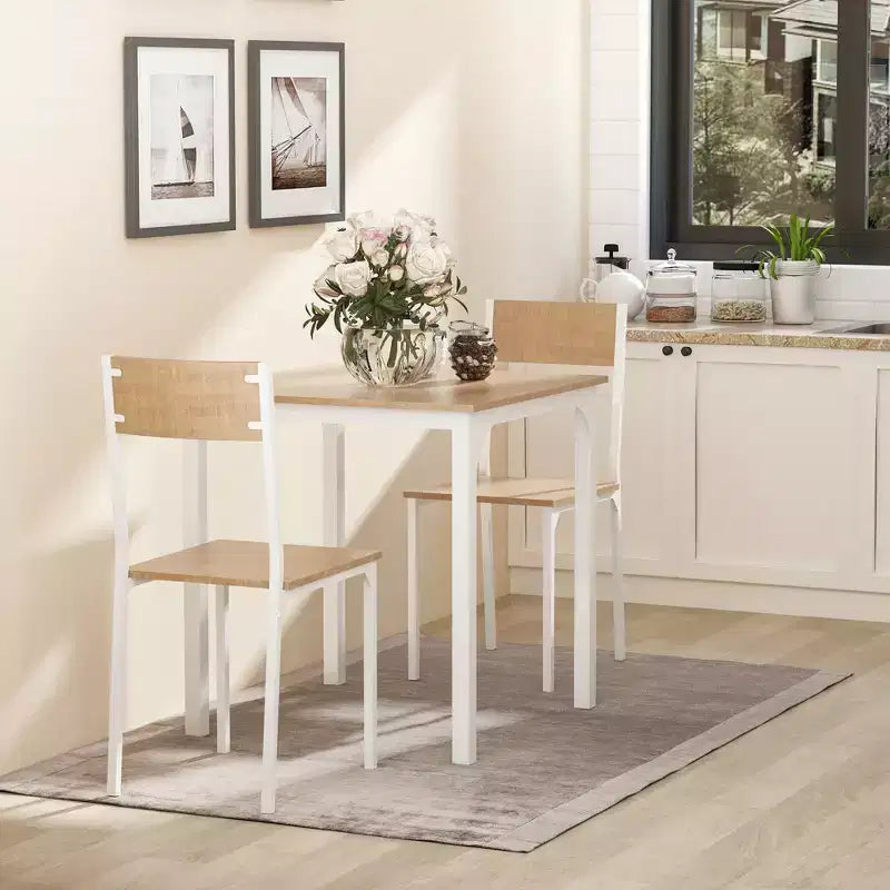 3-Piece Wooden Square Dining Table Set with 1 Table and 2 Chairs and Sturdy Metal Frame for Small Space