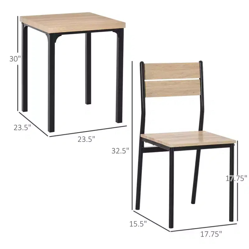 3-Piece Wooden Square Dining Table Set with 1 Table and 2 Chairs and Sturdy Metal Frame for Small Space