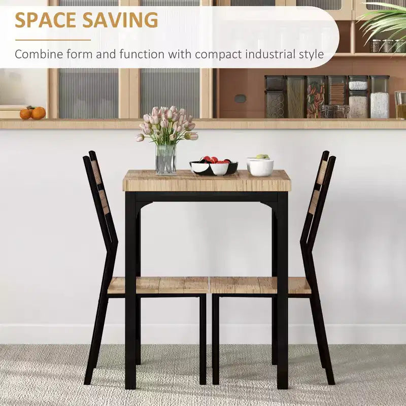 3-Piece Wooden Square Dining Table Set with 1 Table and 2 Chairs and Sturdy Metal Frame for Small Space