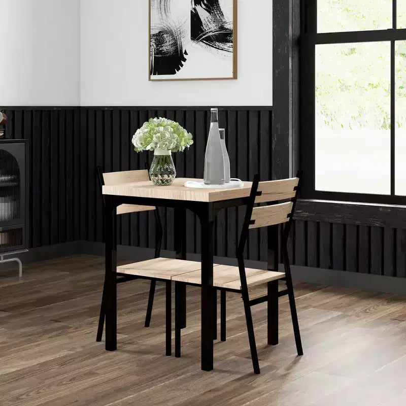 3-Piece Wooden Square Dining Table Set with 1 Table and 2 Chairs and Sturdy Metal Frame for Small Space