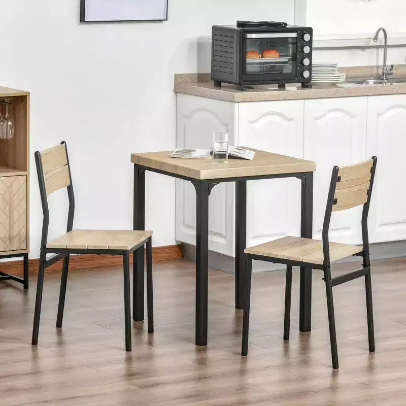 3-Piece Wooden Square Dining Table Set with 1 Table and 2 Chairs and Sturdy Metal Frame for Small Space