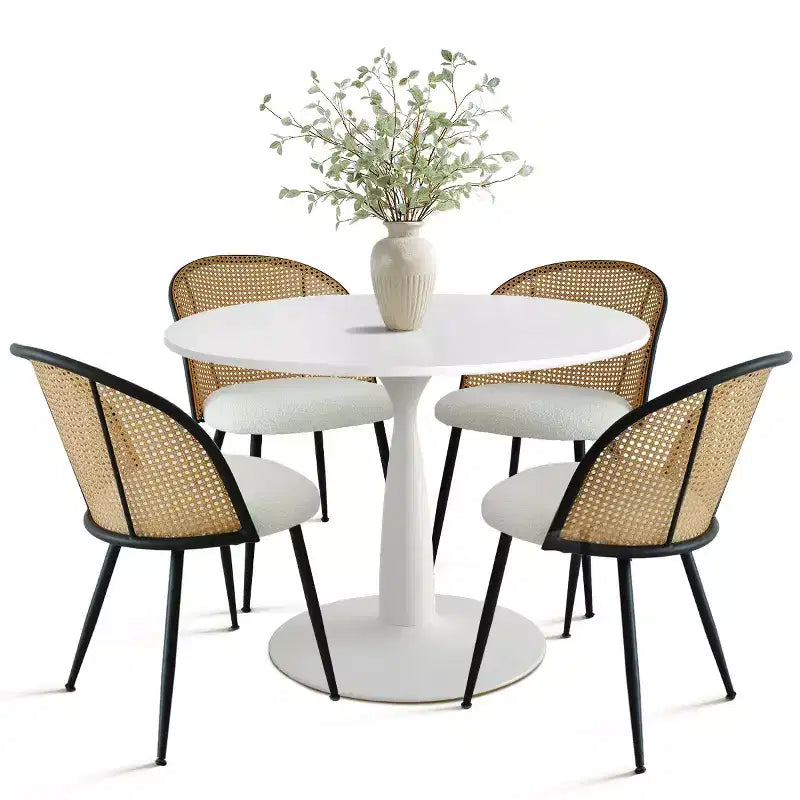 Ronde eetset met 5 delen voor 4 personen, eetkamerinrichting met 4 eetkamerstoelen van boucléstof met rugleuning van mesh en rotan, binnenmeubilair - Panipeachy