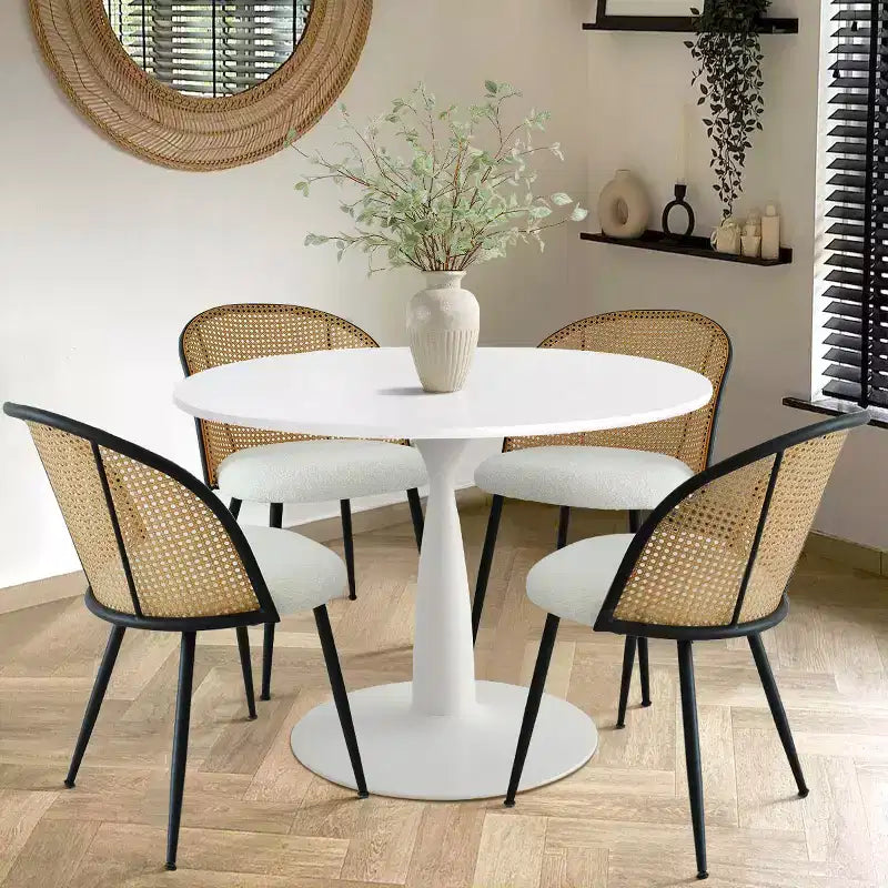 Set da pranzo rotondo da 5 pezzi per 4 persone, set per sala da pranzo con 4 sedie da pranzo in tessuto bouclé con schienale in rattan intrecciato, mobili da interno-Panipeachy