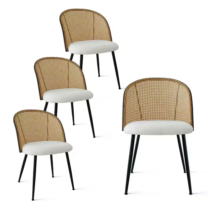 5-teiliges rundes Esstisch-Set, moderner Tisch mit schwarzem Gestell, Stühle mit Rattanlehne und Bouclé-gepolsterten Sitzen für kleine Räume - Panipeachy