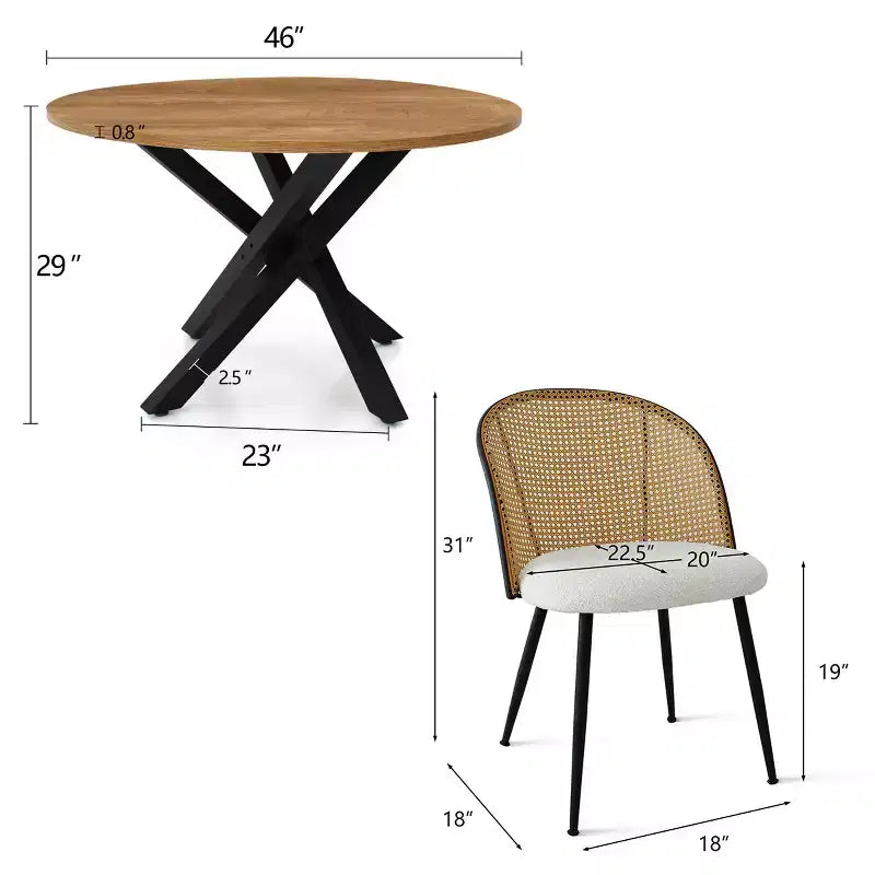 5-teiliges rundes Esstisch-Set, moderner Tisch mit schwarzem Gestell, Stühle mit Rattanlehne und Bouclé-gepolsterten Sitzen für kleine Räume - Panipeachy