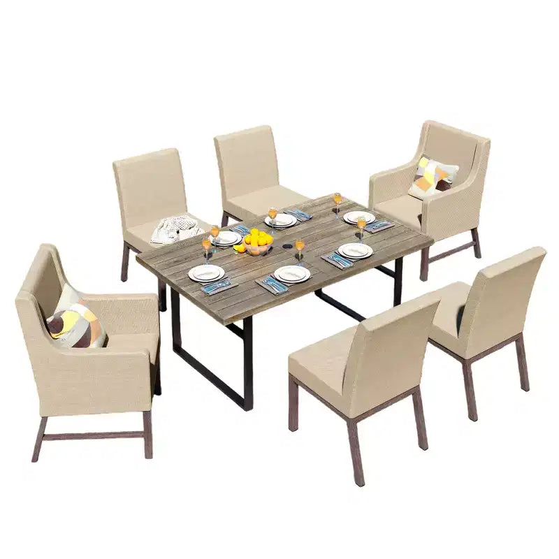 Captiva Designs 7-delige keukenmeubelset met houtlook-eettafel en metalen stoelen met kussens