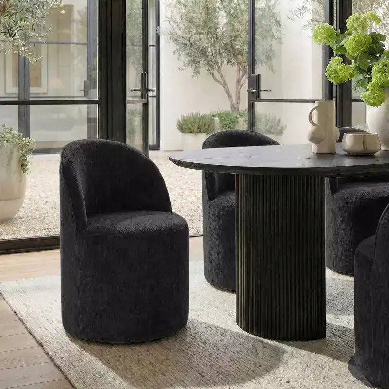 Set da pranzo per 6 persone, tavolo ovale nero, sedie da pranzo imbottite con ruote piroettanti, ciniglia testurizzata da 360gsm - Panipeachy