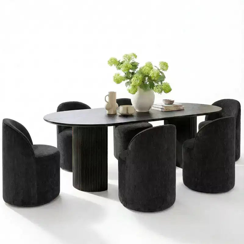 Set da pranzo per 6 persone, tavolo ovale nero, sedie da pranzo imbottite con ruote piroettanti, ciniglia testurizzata da 360gsm - Panipeachy